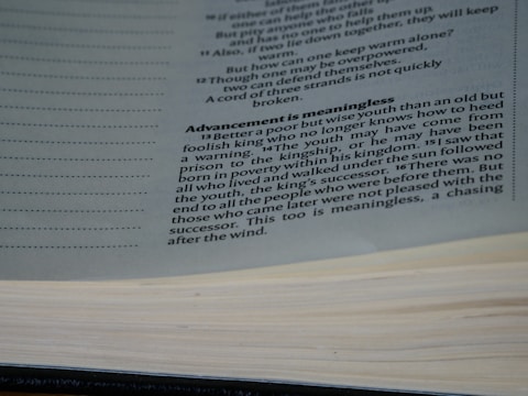 A close-up view of a book opened to a page with text discussing the theme of wisdom and youth. The text is printed in black ink on white paper, with a focus on a paragraph titled 'Advancement is meaningless'.