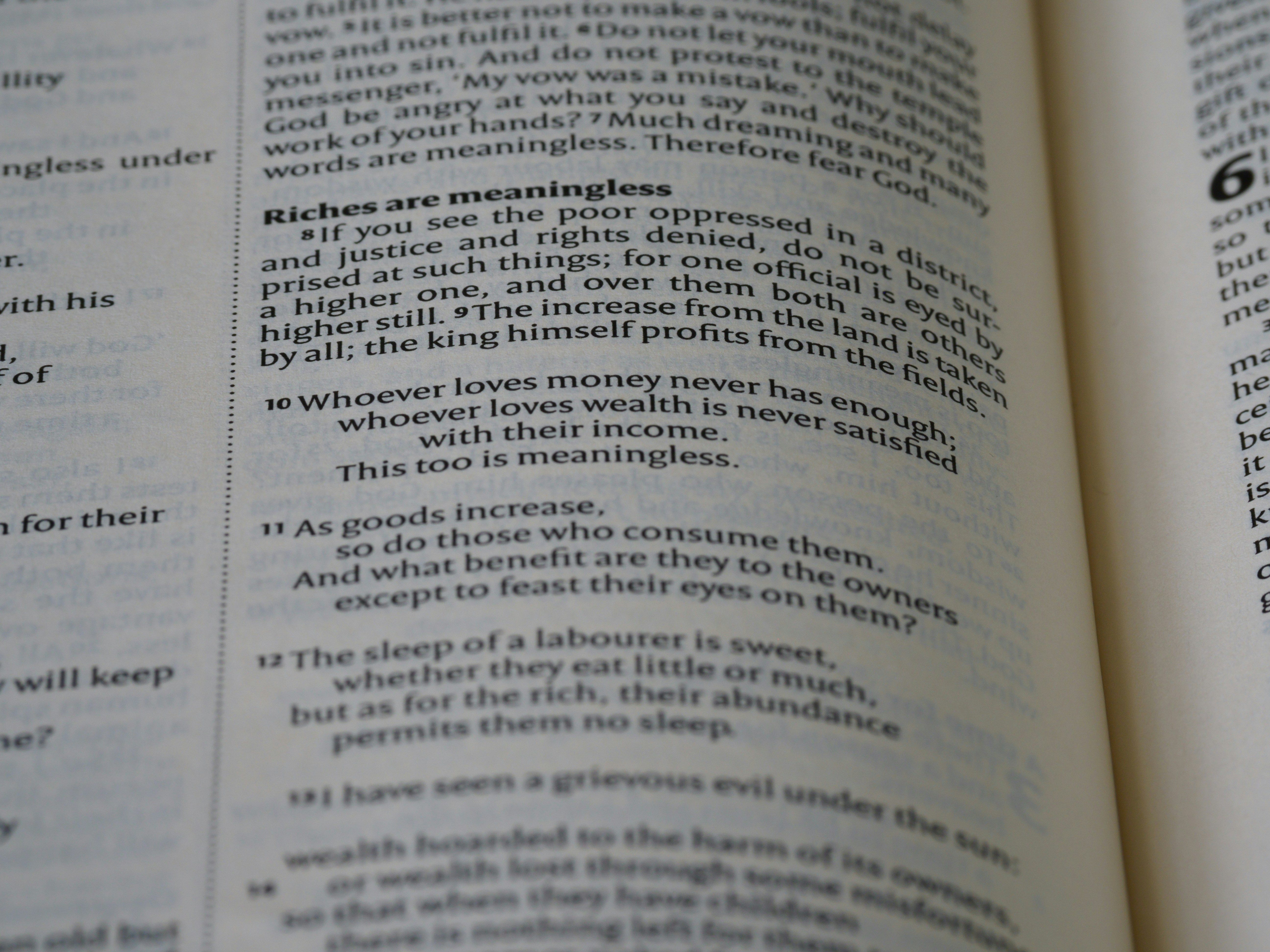close up, bokeh, macro, blur, blurred background, close focus, bible, old testament, hebrew bible, christian, judaism, history, text, reading, bible study, devotions, text, NIV, New International Version, type, typography, canon, christianity, holy scripture, holy bible, scripture, old testament, hebrew bible, wisdom literature, ketuvim, anthology, solomon, wisdom, sayings, mashai, folly, values, morality, proverbs, ancient wisdom, hebrew wisdom, קֹהֶלֶת, qōheleṯ, Ἐκκλησιαστής, Kohelet, Koheleth, Qoheleth, Qohelet, vanity, vapor, vapour, life truths, absurdity, ecclesiastes,