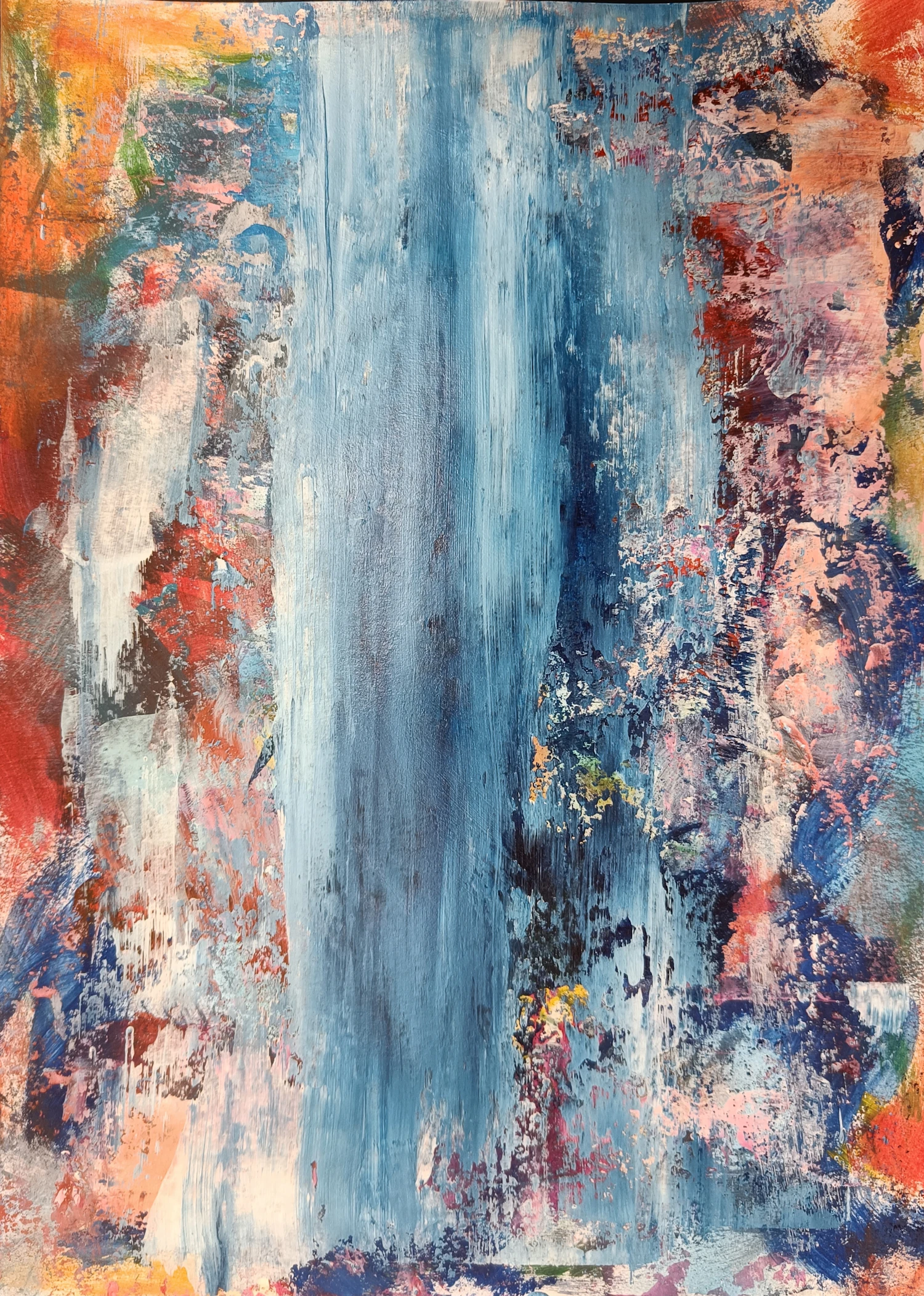 Tall painting with a cold blue column running through warm broken colour