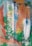 An abstract painting with a mix of vibrant colors applied in layers and streaks. Blue, green, orange, red, and white are prominent, blending together with a textured appearance. The layered brushstrokes and splatters create a dynamic and chaotic composition, suggesting movement and energy.