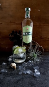 A bottle of Prairie organic gin is placed on a rustic wooden surface next to a glass filled with gin, ice, and lime wedges. Around the glass, there are scattered ice cubes and a small plant with spiky leaves, along with a small animal skull.