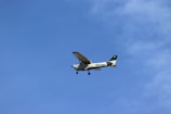 A small propeller airplane is flying against a clear blue sky. The aircraft has a distinctive tail number visible on its side.