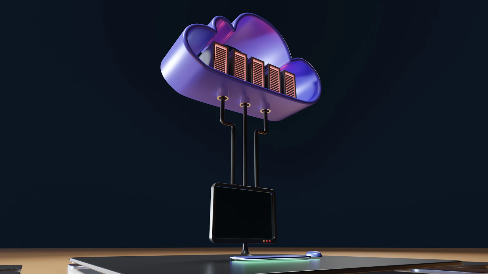 Conceptual cloud computing infrastructure connected to a business workstation