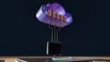 a computer tower with a purple light