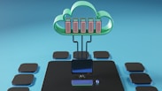 A cloud-shaped object with server racks is connected via cables to a computer monitor. The setup is surrounded by several black squares on a blue background, evoking concepts of cloud computing and data networks.