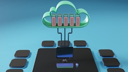 A cloud-shaped object with server racks is connected via cables to a computer monitor. The setup is surrounded by several black squares on a blue background, evoking concepts of cloud computing and data networks.