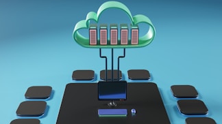 A cloud-shaped object with server racks is connected via cables to a computer monitor. The setup is surrounded by several black squares on a blue background, evoking concepts of cloud computing and data networks.