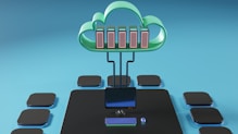A cloud-shaped object with server racks is connected via cables to a computer monitor. The setup is surrounded by several black squares on a blue background, evoking concepts of cloud computing and data networks.
