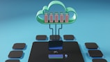 A sleek server room with glowing cloud service icons representing AWS, Azure, and GCP.