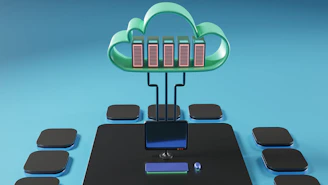 Cloud infrastructure setup with servers and network connections glowing.