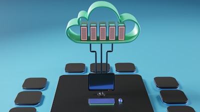 A cloud-shaped object with server racks is connected via cables to a computer monitor. The setup is surrounded by several black squares on a blue background, evoking concepts of cloud computing and data networks.