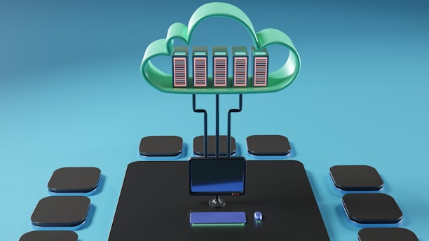 A cloud-shaped object with server racks is connected via cables to a computer monitor. The setup is surrounded by several black squares on a blue background, evoking concepts of cloud computing and data networks.