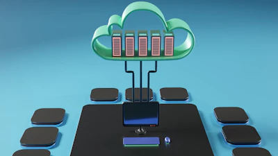 A digital cloud icon shining over a blurred office setting, representing cloud certificates.