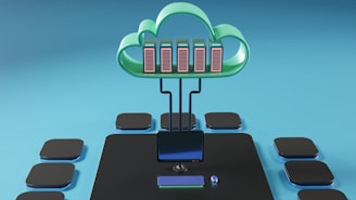 A cloud-shaped object with server racks is connected via cables to a computer monitor. The setup is surrounded by several black squares on a blue background, evoking concepts of cloud computing and data networks.