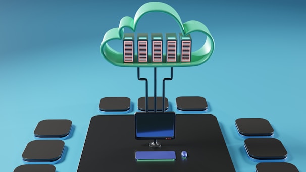 A cloud-shaped object with server racks is connected via cables to a computer monitor. The setup is surrounded by several black squares on a blue background, evoking concepts of cloud computing and data networks.