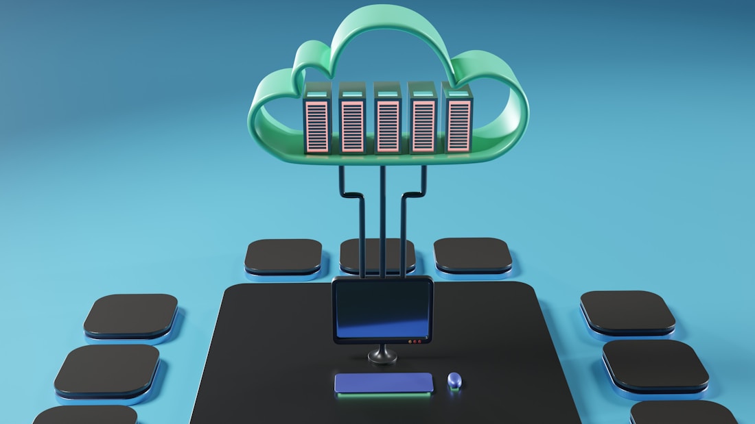 A cloud-shaped object with server racks is connected via cables to a computer monitor. The setup is surrounded by several black squares on a blue background, evoking concepts of cloud computing and data networks.