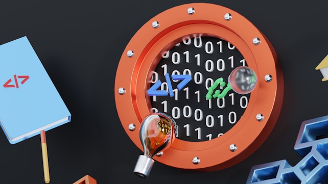 A circular object resembling a porthole is surrounded by code elements and binary numbers, set against a dark background. There is a blue notepad with a code symbol on it, and a light bulb is positioned nearby. The porthole is orange, metal-rimmed, and encases floating binary numbers along with abstract symbols.
