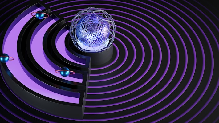 A futuristic, abstract design featuring a metallic geodesic sphere encased in a circle. Surrounding it are concentric rings, accented in shades of purple and black. Three smaller, blue orb-like objects with rings around them are positioned on the arch-like structure.
