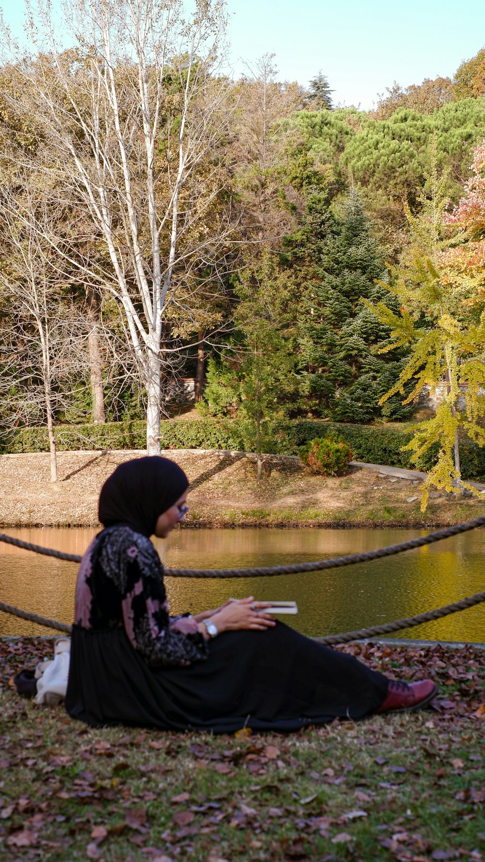 a person sitting on a rock by a river with trees and grass