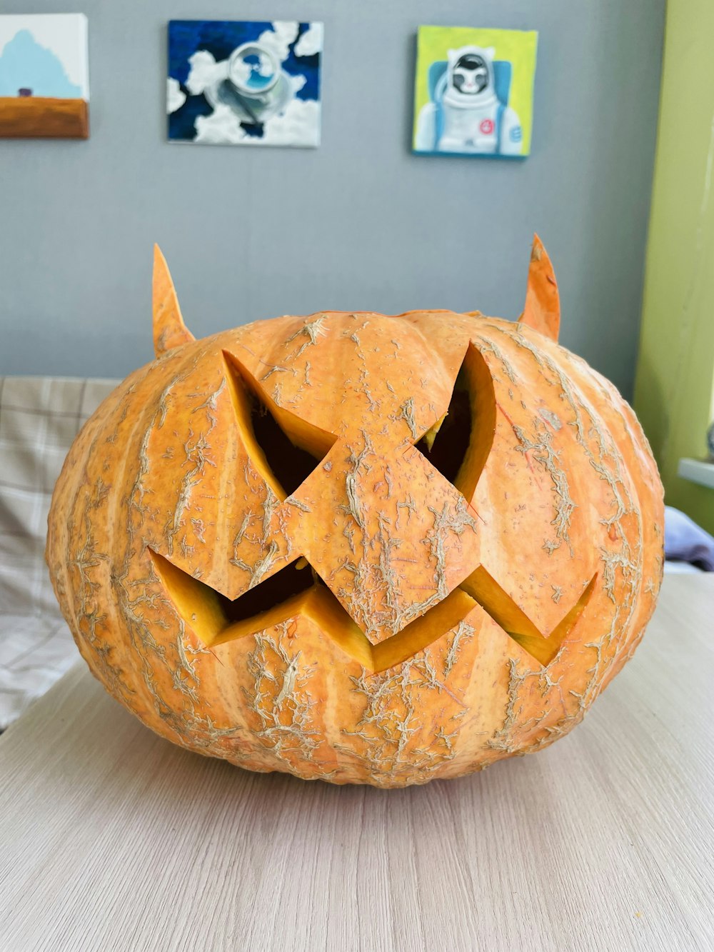 a carved pumpkin on a table