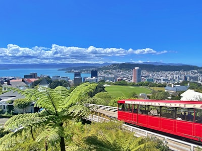 A vibrant cityscape view featuring a bright red cable car on a track with lush green foliage in the foreground. The background includes a city skyline with various buildings and a calm blue harbor under a clear sky with fluffy clouds.