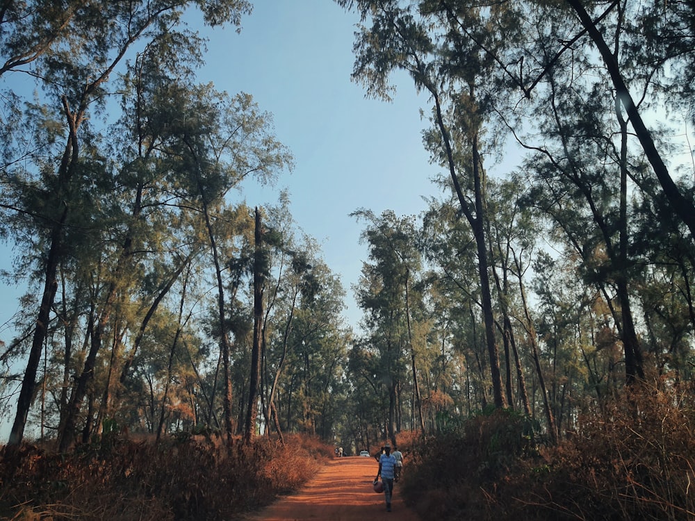 a couple people walking on a dirt road surrounded by trees