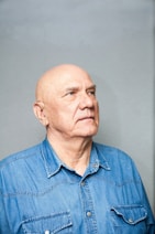 a man in a blue shirt