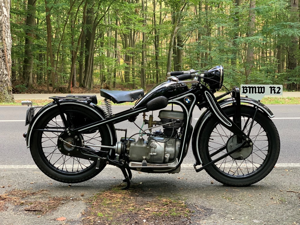 a motorcycle parked on the side of a road