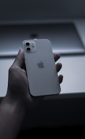 a hand holding a white cell phone