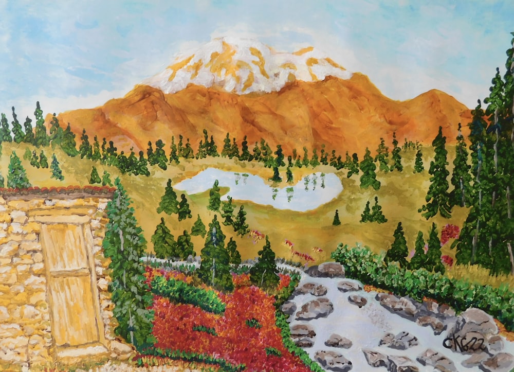 a painting of a mountain range