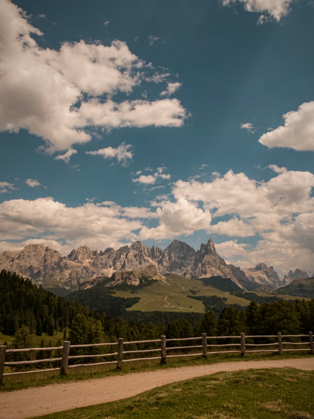 a fence and trees with mountains in the background