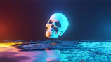 Red neon skull icon glowing on a black background with code reflections.