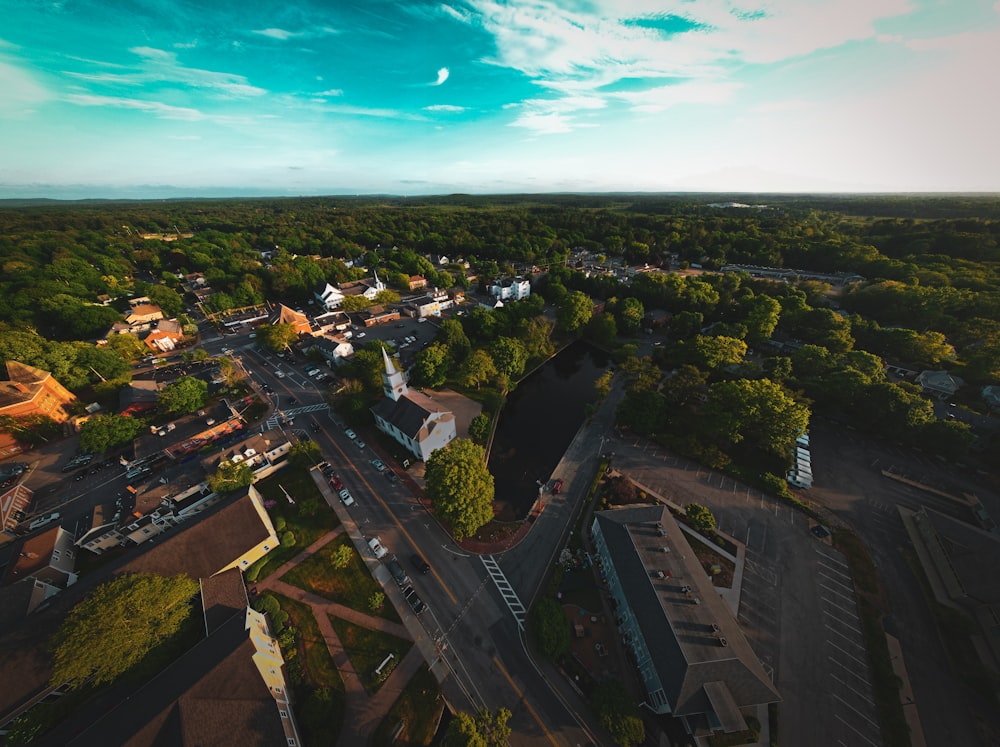 a river with a bridge and buildings