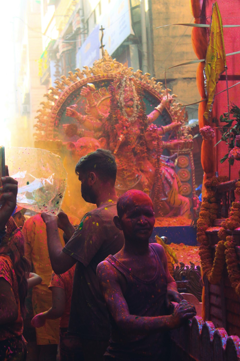 a man holding a woman in a temple