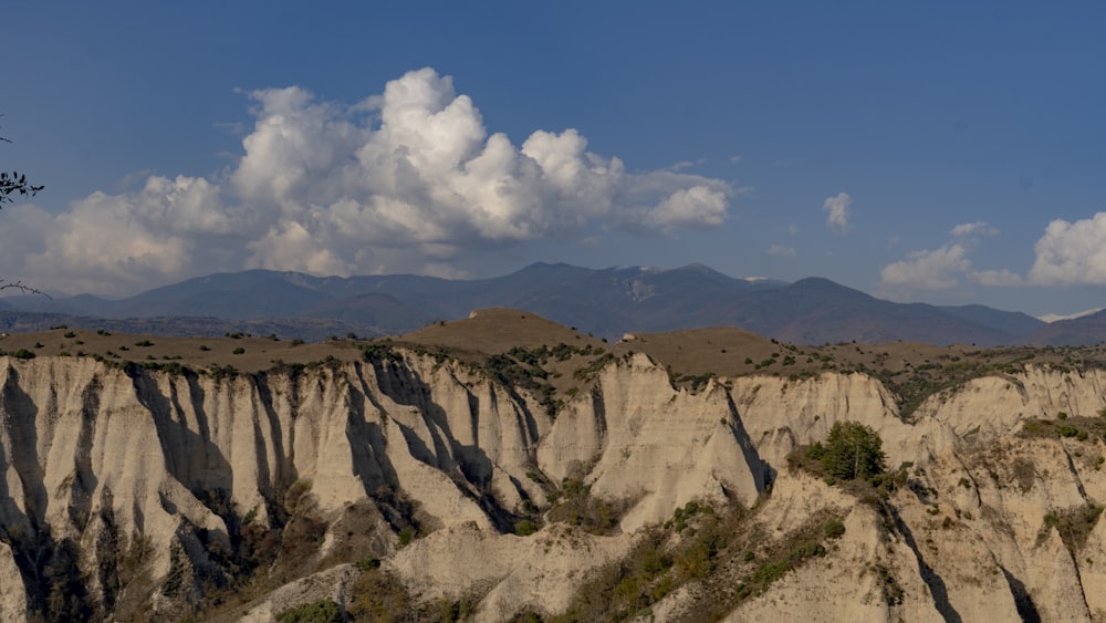 Un paisaje rocoso con montañas al fondo