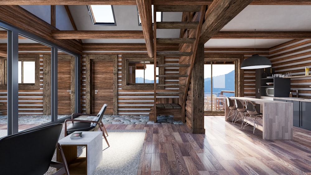 a room with a wood floor and a wood ceiling