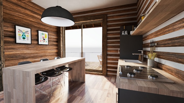 a room with a table and chairs