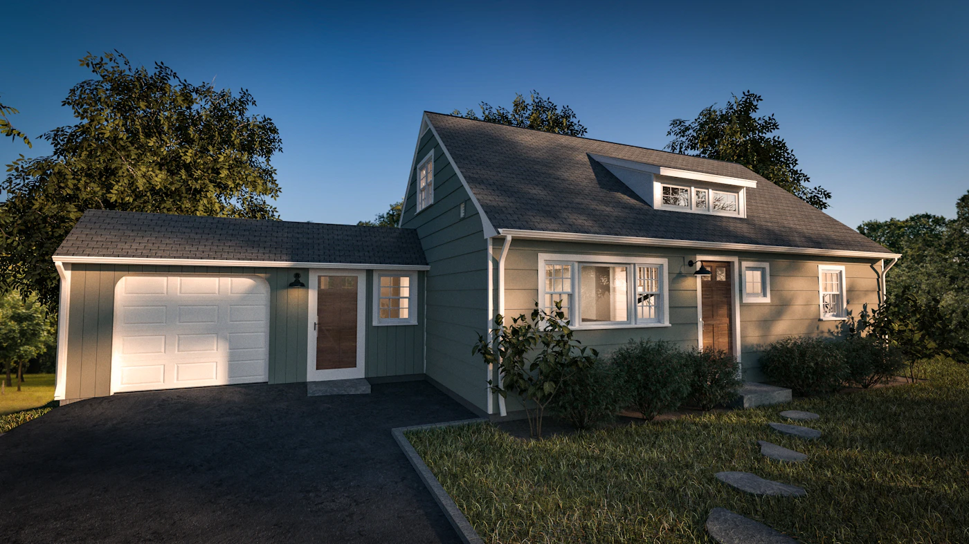 A gray single-family house with an attached garage