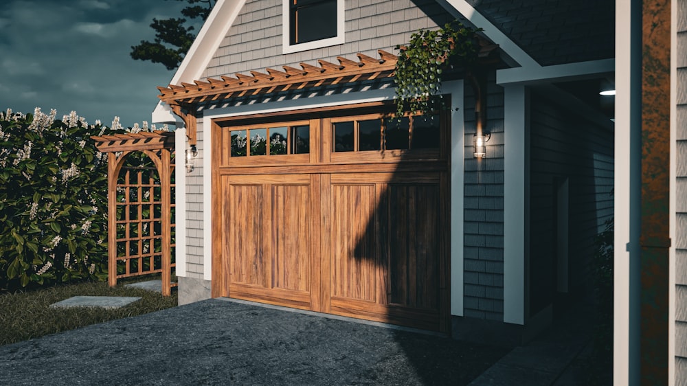 a house with a wood door