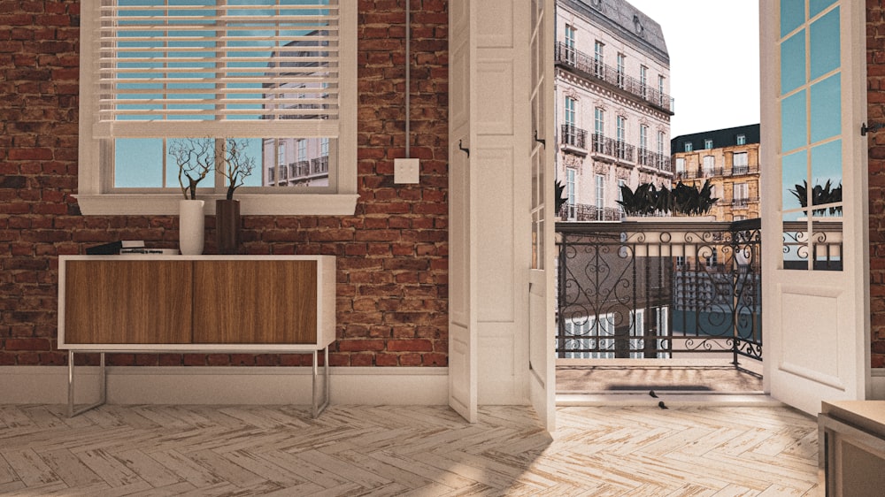 a bench sits in front of a building