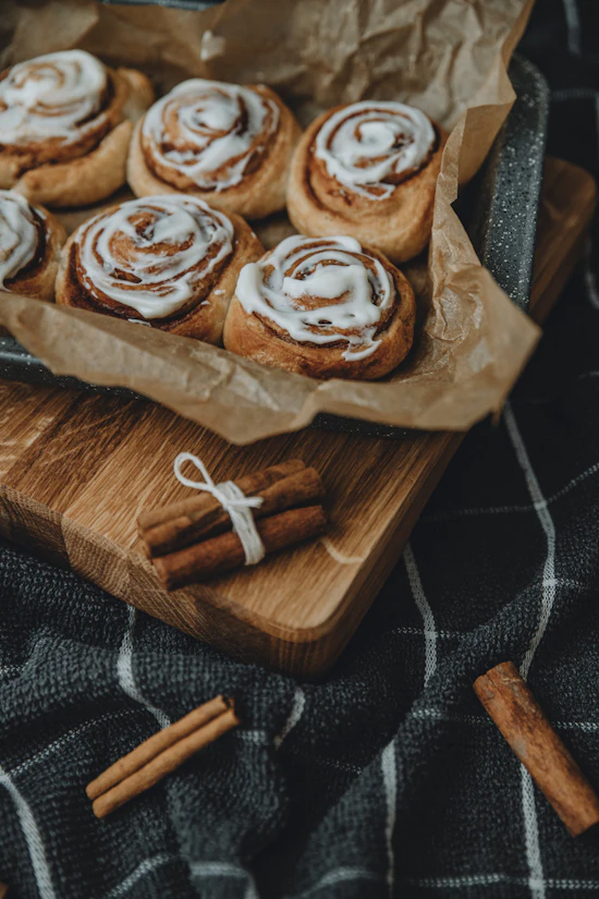 Cinnamon buns covered with icing