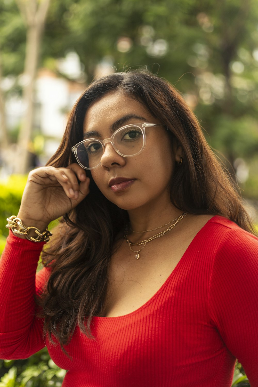 a woman wearing glasses