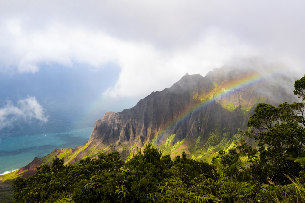 a rainbow over a mountain