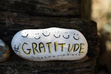 a white and yellow stone with gratitude written on it