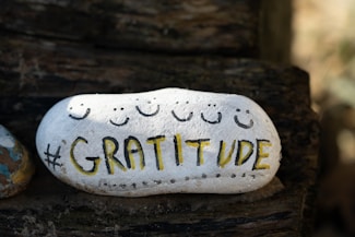 a white and yellow stone with gratitude written on it