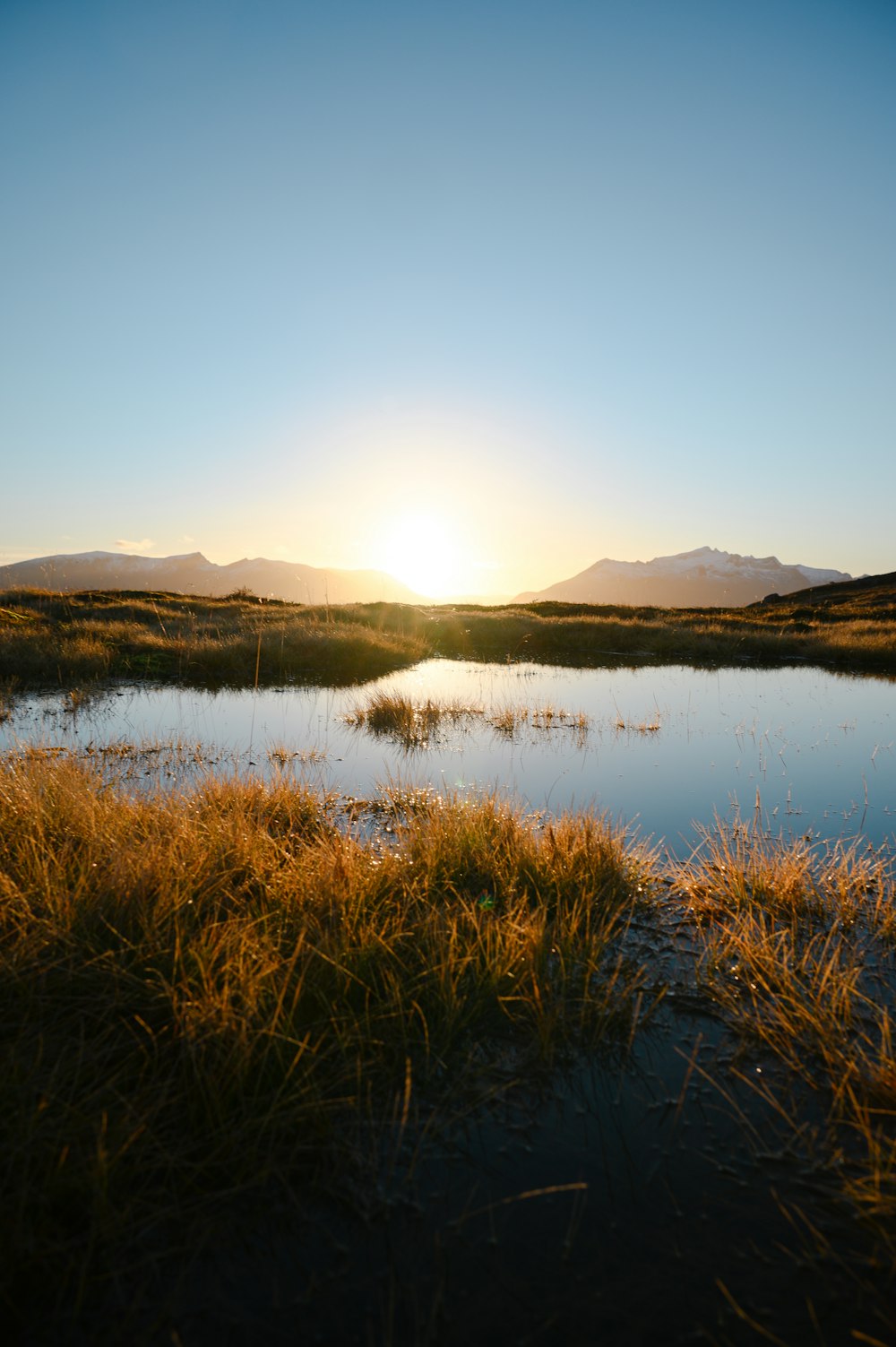a body of water with grass and hills in the background