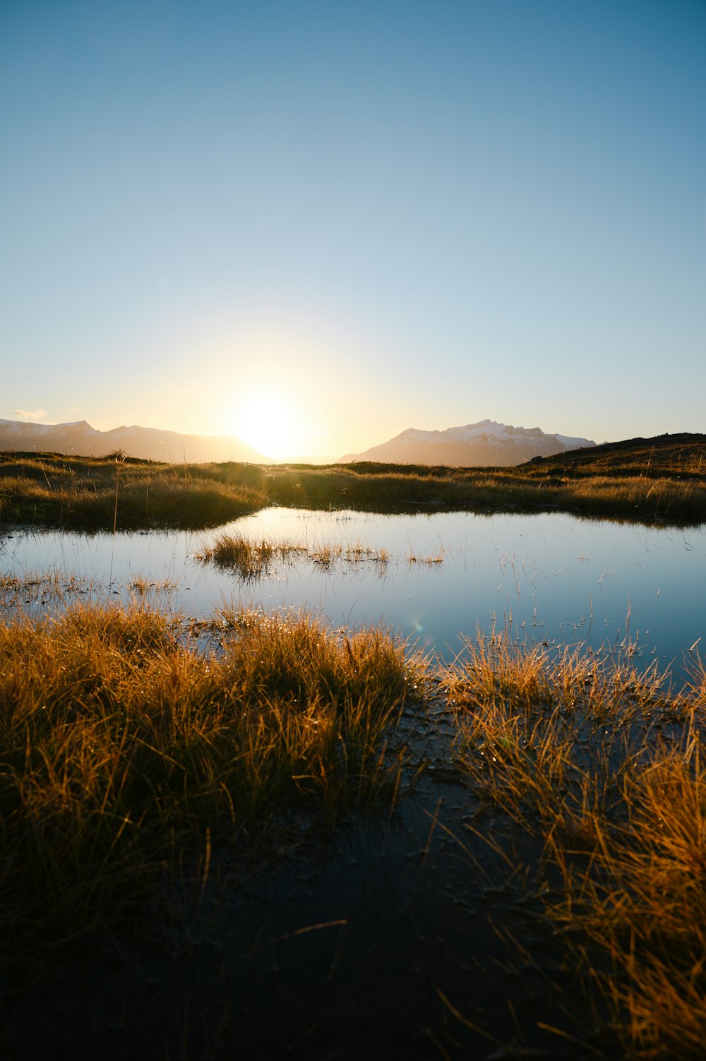 a body of water with grass and hills in the background