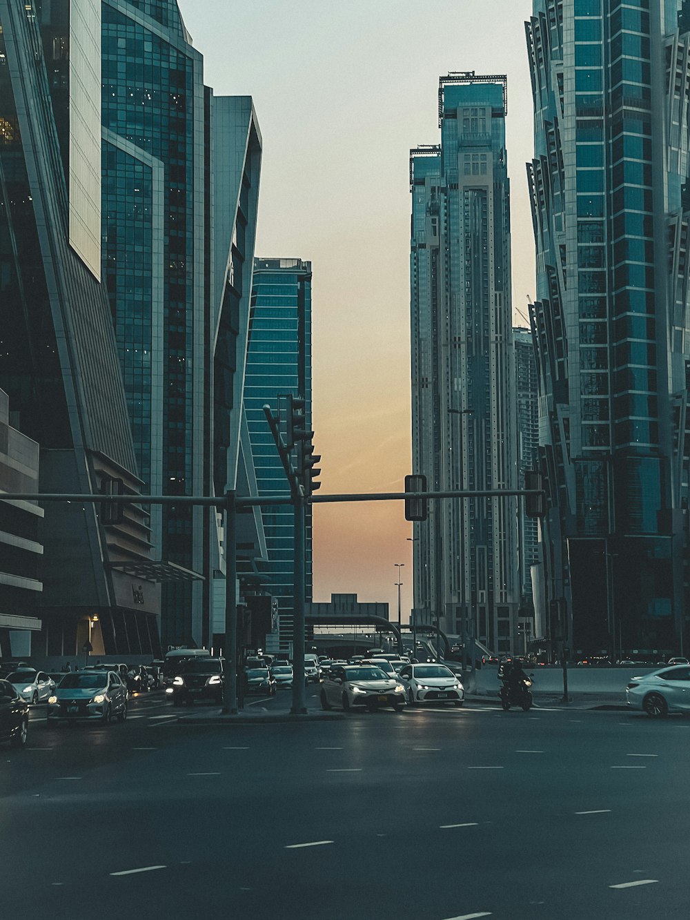 a city street with tall buildings