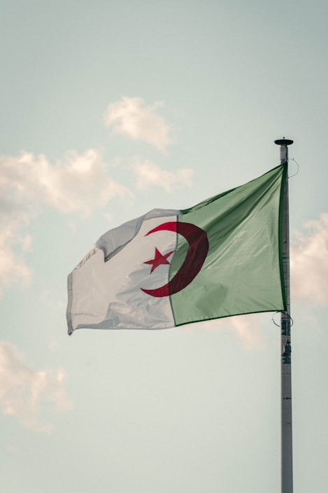 An Algerian flag is waving on a flagpole against a backdrop of a cloudy sky. The flag features a green and white design with a red crescent and star.