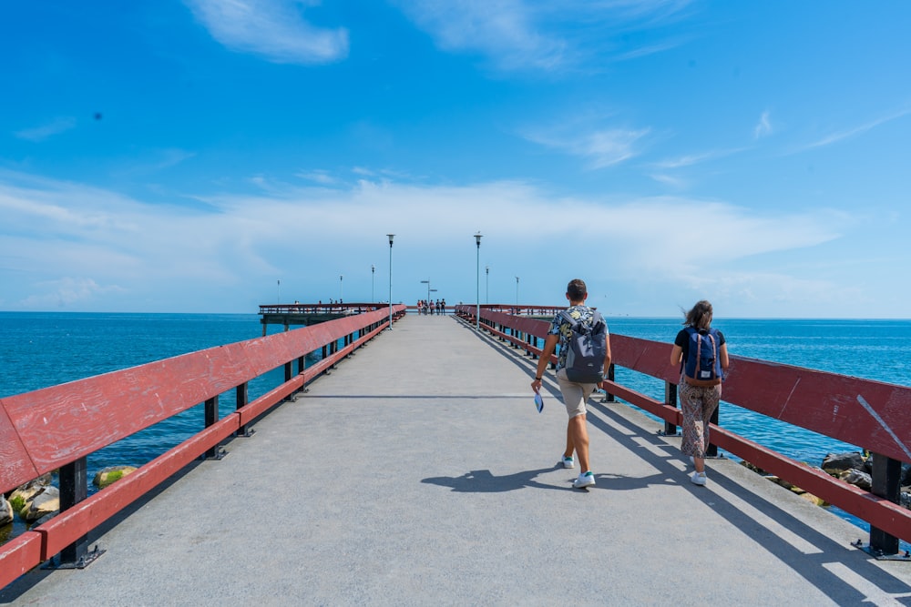 a couple of people walking on a boardwalk by the water